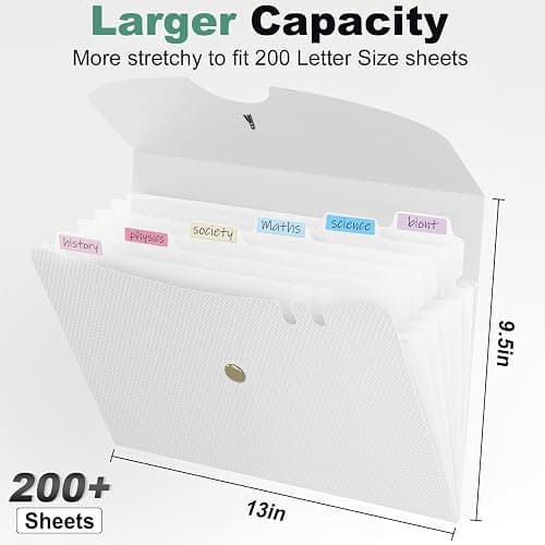 Sooez 7 Pocket Accordion File Organizer, Premium Expanding File Folder | Letter Size Folders for Documents, Sleek Filing Folders with Bungee Closure, Portable Folders School Office Supplies, White thumbnail 3