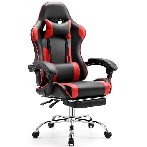 Sweetcrispy Video Game Desk Chair - Ergonomic Computer with Footrest and Comfy Lumbar Support, PU Leather Recliner with Headrest, Fixed Up Armrest, Height Adjustable with 360° Swivel, for Adults, Red - Red - high back - Image 1