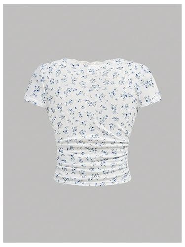 RoseSeek Girl's Ditsy Floral Print Lace T Shirt Short Sleeve Ribbed Ruched Cute Tee Shirts Summer Tops thumbnail 3