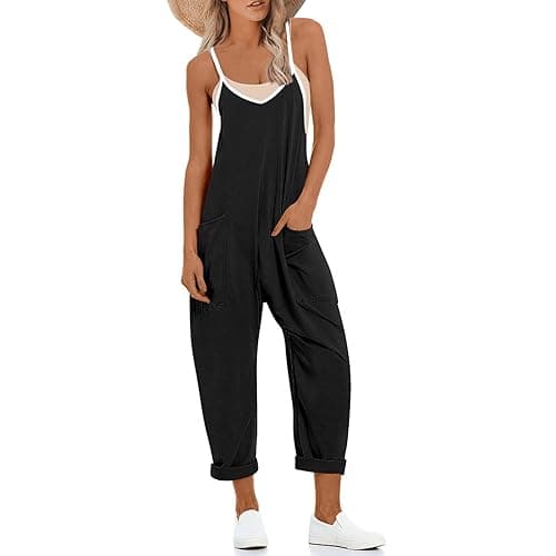UNIANKIYA One Piece Jumpsuits for Women Casual Sleeveless Spaghetti Strap Rompers Summer Overalls Beach Vacation Outfits 2025 - White & Black - X-Small
