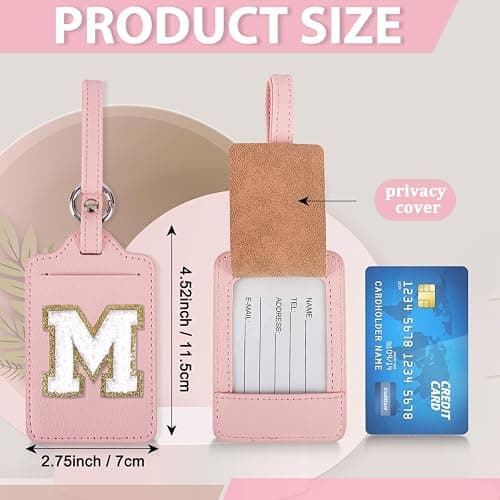Personalized Initial Luggage Tags for Suitcases, Leather Chenille Letter Cute Luggage Tags with Privacy Name Card, Embroidered Travel Bag Backpack Tag Gifts for Women Kids Girls Teens(Pink-M) thumbnail 2