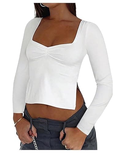 Verdusa Women's Y2K Long Sleeve Crop Tops Ruched Sweetheart Neck Side Slit Fitted T Shirts - Image 1