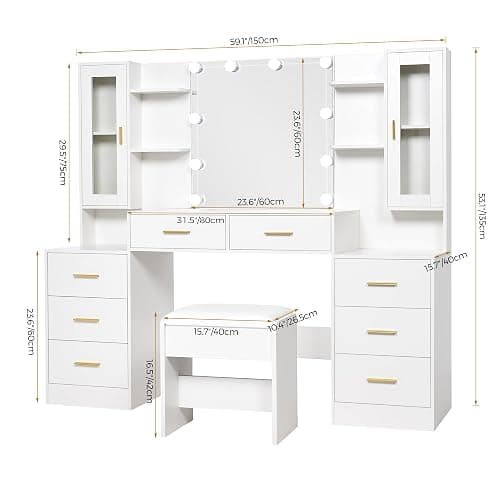 ANWBROAD 59.1" Large Vanity Desk with Mirror & Lights White Makeup Vanity Set with Power Outlet and 8 Drawers 3 Lighting Modes Adjustable Dressing Table for Girl Women Bedroom Dressing Room UBDT67W thumbnail 2