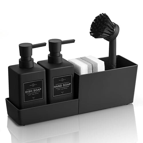 zuxzmj Kitchen Soap Dispenser Set with Sponge Holder and Brush for Sink Rack Hand Soap and Dish Soap Dispensers Black 4-in-1 - Image 1