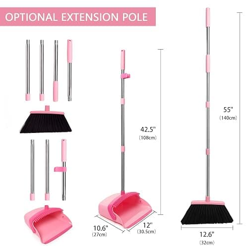 XXFLOWER Broom and Dustpan Set, Dustpans with Broom Combo for Home, Heavy Dust Broom and Dustpan Combo, Long Handle Dust Pan and Broom Set for Kitchen, Office, Pet Hair,Pink, Pack of 1 thumbnail 2