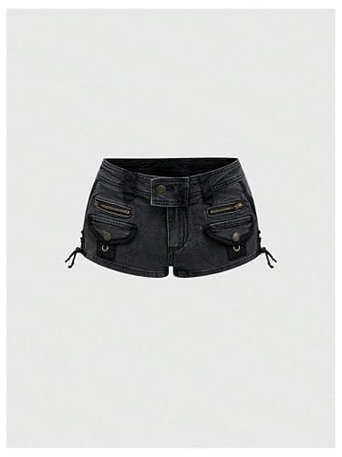 WDIRARA Women's Fuzzy Low Rise Denim Shorts Lace Up Vintage Mini Jean Shorts Streetwear thumbnail 4