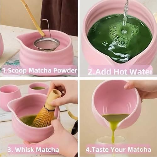 Cute Pink Matcha Whisk Set of 5 for Matcha Tea,Matcha Powder Kit（Bowl with Spout+bamboo Whisk and Holder+Strainer+Scoop）for Macha Starter Making Tools with Small Sifter Sieve Mixer Wisk Chasen Chawan thumbnail 5