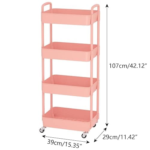 Sywhitta 4-Tier Plastic Rolling Utility Cart with Handle, Multi-Functional Storage Trolley for Office, Living Room, Kitchen, Movable Storage Organizer with Wheels, Pink thumbnail 7