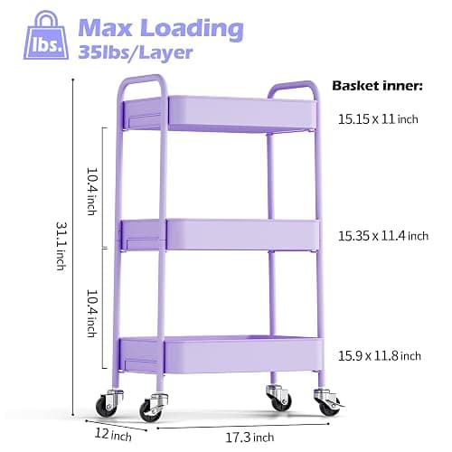 TOOLF 3-Tier Metal Rolling Cart with Wheels, Storage Utility Organizer Cart for Kitchen, Bathroom, Office, Baby Essentials & Makeup - Lockable Casters, Easy Assembly, Large Capacity, Purple thumbnail 3