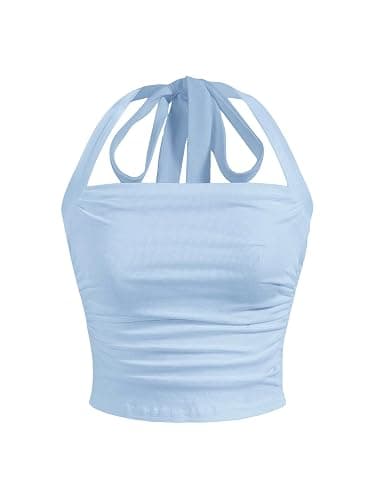 SOLY HUX Women's Ruched Halter Y2K Crop Tops Tie Back Sleeveless Slim Fit Cami Tops - X-Small - Light Blue - Image 1
