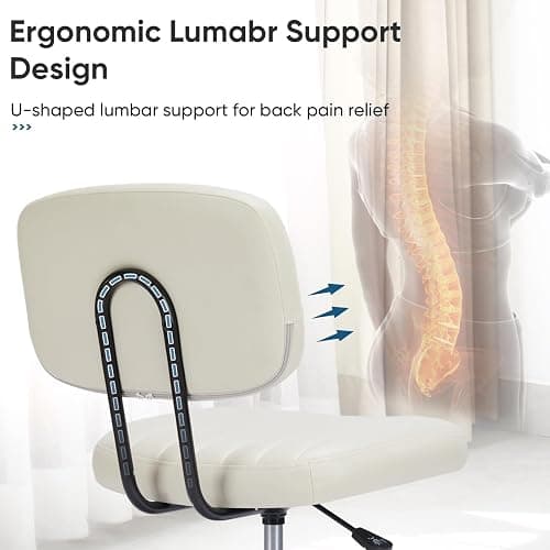 DUMOS Armless Home Office Desk Chair -Small Ergonomic with Low Back Lumbar Support, Height Adjustable PU Leather Computer Task with 360° Swivel Rolling Wheels, for Small Space, Beige White thumbnail 3