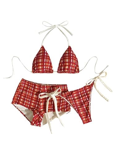 SweatyRocks Women's Plaid Print Halter String Bikini Set 3 Piece Swimsuit with Cover Up Shorts - Image 1