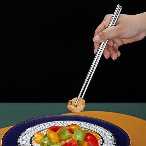 10 Pairs Reusable Chopsticks, Stainless Steel Metal Chop Sticks, Japanese Chinese Korean Chopstick Dishwasher Safe, 8.9 Inch (Silver / Chop sticks) thumbnail 5