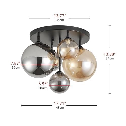 Aiwen 5-Light 17.71 in Black Semi Flush Mount Ceiling Light, Modern Ceiling Chandeliers with Globe Glass Shade, Farmhouse Ceiling Light Fixture, Cluster Chandelier for Bedroom thumbnail 4