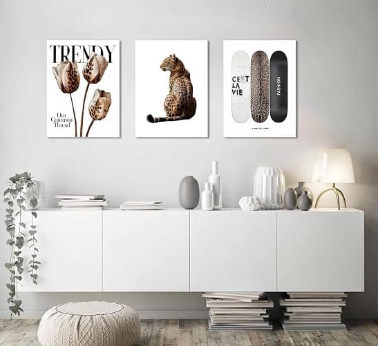 Trendy Leopard Canvas Wall Art Set of 3 Cheetah Printed Preppy Fashion Skateboard Wall Decor Preppy Room Aesthetic posters Prints for Girls Bedroom Apartment Dorm 12x16in Framed Decoration thumbnail 8