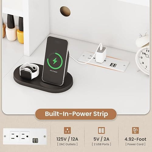 AOGLLATI Makeup Vanity Set with Lights, White Vanity Desk with Mirror and Lights, Makeup Vanity DeskTable with Cushioned Stool, Makeup Desk with Charging Station, Open Storage Shelves thumbnail 3