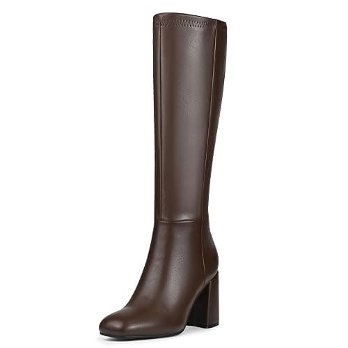 Women's Knee High Boots Faux Leather Square To Tall Boots Fashion Chunky Block Heel Long Boots with Side Zip - Image 1