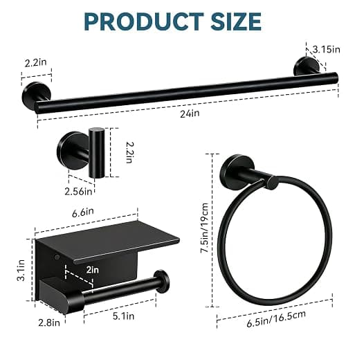 5-Piece Matte Black Bathroom Accessories Set, 24-Inch Wall-Mounted Towel Bar, Toilet Paper Holder with Shelf, SUS 304 Stainless Steel Bath Hardware, Towel Rack for Bathroom, Kitchen, Laundry Room thumbnail 3