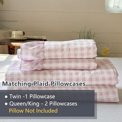 NSNLGSGC Pink Gingham Ruffle Queen Sheet Set, Pink Soft Pre-Washed Microfiber Plaid Queen Bed Sheets, 4-Pieces Farmhouse Sheet Set with Deep Pocket thumbnail 7