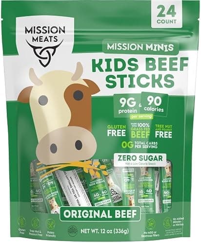 Mission Meats Kids Beef Sticks, 100% Grass Fed, Healthy Snacks for Kids, Zero Sugar, 9g Protein per Serving, Gluten & Nut Free, Individually Wrapped, Mini 0.5oz (24ct Bag) - Image 1