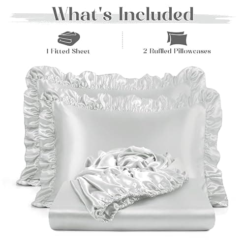 Homiest 2-Pieces Ruffle Pillow Case & Satin Fitted Sheet Set, Light Grey Twin Satin Sheets with Ruffled Pillow Shams, 15 Inch Deep Pocket, Cute & Coquette Silk-Like Bed Set for Decorating Bedroom thumbnail 8