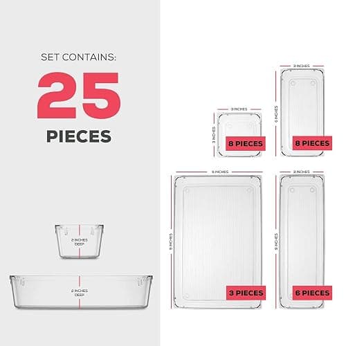 25 PCS Clear Plastic Drawer Organizers Set, 4-Size Versatile Bathroom and Vanity Drawer Organizer Trays, Storage Bins for Makeup, Bedroom, Kitchen Gadgets Utensils and Office Accessories thumbnail 2