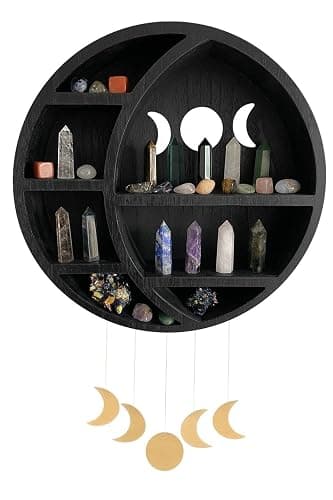 Ella & Emma Wooden Moon Shelf for Crystals - Crescent Moon Crystal Shelf, Storage & Wall Hanging Shelves for Bedroom Aesthetic, Moon Phase Wall Decor & Crystal Display Shelf, Pinewood, Black thumbnail 9