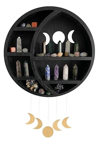 Ella & Emma Wooden Moon Shelf - Crescent Moon Crystal Shelf, Crystal Storage & Wall Hanging Shelves for Bedroom Aesthetic, Moon Phase Wall Decor & Crystal Display Shelf, Pinewood, Black - Full Black thumbnail 9