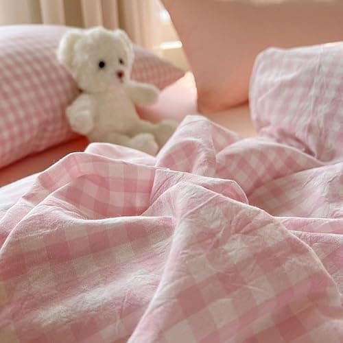 Nayoroom Gingham Duvet Cover Queen Size Pink White Plaid Checkered Comforter Cover Grid Farmhouse Bedding Set 3 Pcs Soft Breathable Washed Microfiber Gifts for Women Men thumbnail 6