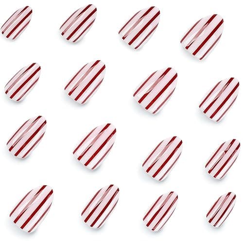 Cuteworld Short Almond Press on Nails - Stripe Pink & Red | Stripe Design, Glossy Full Cover Fake Nails 24Pcs for Women thumbnail 4