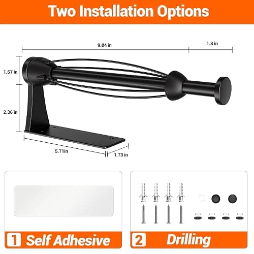 Paper Towel Holder Under Cabinet, Single Hand Operable Wall Mount with Damping Effect, Self-Adhesive or Drilled for Kitchen Bathroom, Black thumbnail 3