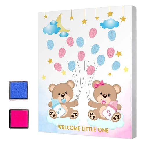 Gender Reveal Fingerabdruck Baum für Babyparty, Bär Baby Shower Gender Reveal Game, Gender Reveal Fingerabdruck Baum Schild Gender Reveal Party, Gender Reveal Keepsake Andenken, Leinwand Dekoration - Image 1
