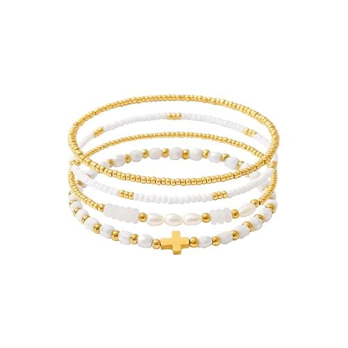Pymach Dainty Gold Plated Pearl Crystal Beaded Bracelets Set for Women 14K Gold Plated Bead Pearl Beads Bracelet Stackable Paperclip Link Chain Bracelets Gold Plated Bracelets for Women Trendy Jewelry - Image 1