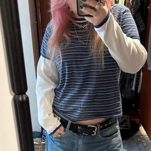 Y2k Grunge Striped Shirts Teen Girls Women Scene Alt 2000s Clothes Long Sleeve Emo Goth Top Vintage Graphic Tees thumbnail 2