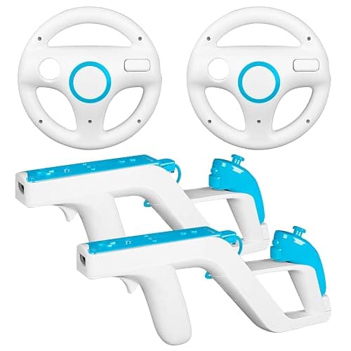 Machine-Ya Wii Zapper Gun and Steering Wheel Compatible with Nintendo Wii & Wii U Remote Game (2-Pack, White) - Image 1