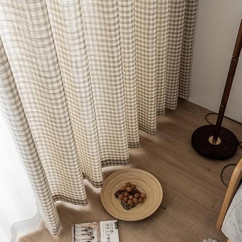 AZIMUZIXI Retro Rustic Cotton and Linen Light Filtering Plaid Curtains for Living Room Dining Room,Rop Pocket Semi-Shading Window Curtains Set 2 Panels (Brown,W50*L84) thumbnail 5