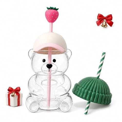 SummerWins Glass Bear Cup With Straw, Leak Lid & 2 Hats for Coffee & Shakes | Cute Bear Cup With Straw, 20 oz Clear Glass Cup With Secure Lid & 2 Replaceable Hats for Gifts, Parties & Daily Use - Image 1