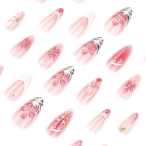 Octoswave Medium Press on Nails Almond Fake Nails French 3D Flowers Artificial Nail Pearl Stick on Nail for Women 24pcs thumbnail 3