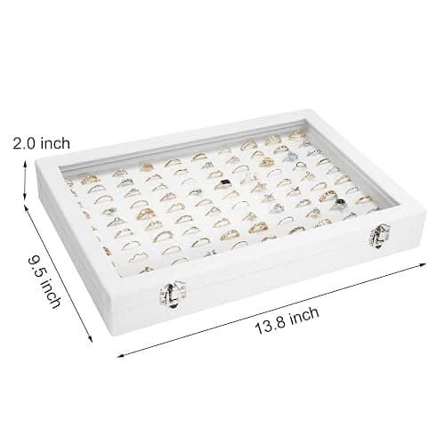 Siveit Velvet Ring Display Tray Organizer Box with Transparent Lid, 100 Slot Ring Holder Showcase For Store Display Jewelry Show Home, Ring Organizer For Rings Earrings (Ivory) thumbnail 2