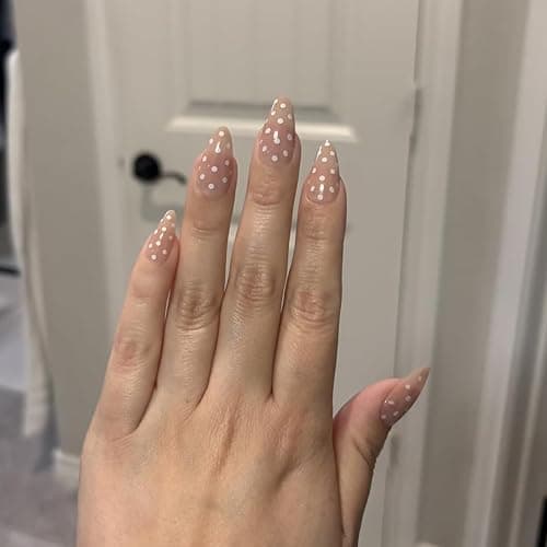 Medium Almond Press on Nails Pink Nails with White Polka Dot Designs Nails Press Ons Cute Artificial Gel Acrylic Glue on Nails Kit Stick on Nails for Women 24pcs thumbnail 2