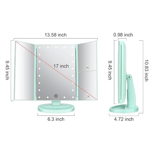 deweisn Tri-Fold Lighted Vanity Tabletop Mount Mirror with 21 LED Lights, Touch Screen and 3X/2X/1X Magnification, Two Power Supply Mode Make up Mirror,Travel Mirror thumbnail 2