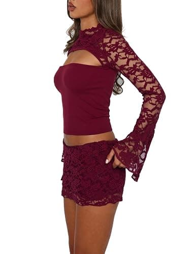 FWBBG Womens Sexy 2 Piece Mini Skirt Set Long Sleeve Lace Cutout Top Double Lace Mini Bodycon Skirt Y2K Going Out Outfits thumbnail 2