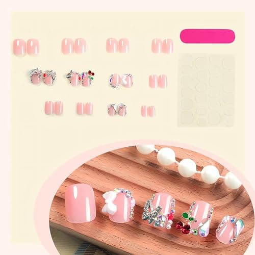 LPOODDNU 3D Press on Nails with Charms Short Square Fake Nails Glossy Pink Rhinestones Bows Crystal Butterfly Glue on Nails Luxury Acrylic Nail Kit Reusable Stick on Nails for Women Manicure, 24Pcs - design5 thumbnail 3