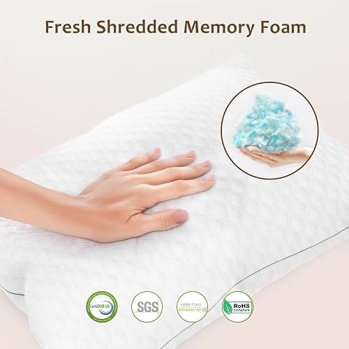 Cooling Pillow Queen Size 1 Pack – Adjustable Shredded Memory Foam, Washable Hypoallergenic Cover, Neck and Shoulder Support for Side, Back & Stomach Sleepers, Mastery Mart thumbnail 3