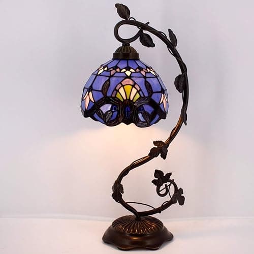 WERFACTORY Tiffany Table Lamp Blue Purple Stained Glass Baroque Style Reading Desk Light, Metal Leaf Base 8X10X21 Inches Decor Small Space Bedside Bedroom Home Office S003C Series thumbnail 8