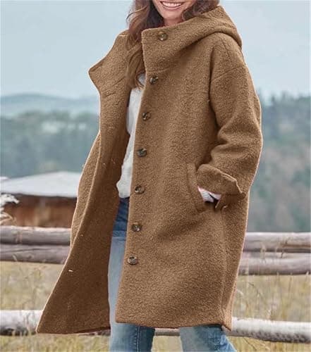 chouyatou Women's Winter Single Breasted Long Wool Coat with Hood Casual Wool Blend Trench Coat Jacket thumbnail 3