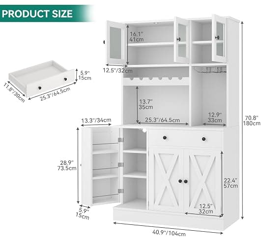 YITAHOME 71''H Kitchen Pantry Cabinet, Tall Cabinet with Drawer, Doors, Goblet Holder, Wine Rack & Power Outlet for Kitchen, Living Room (White) thumbnail 2