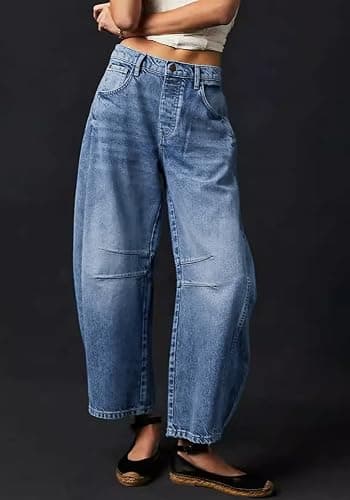 Womens Stretchy Mid Rise Barrel Jeans Vintage Loose Wide Leg Cropped Denim Pants Y2k Baggy Boyfriend Jeans thumbnail 4