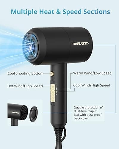 SHRATE Lightweight Ionic Hair Dryer with Diffuser - Powerful 1800W Blow Dryer for Fast Drying - Professional Low Noise Mini Hair Dryer for Travel, Gifts, Hair Styling (Black) thumbnail 8