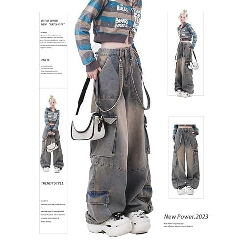 Gothic Women's Pants Street Trend Loose Multi Pocket Stitching Casual Straight Leg Wide Leg Washed Denim Vintage thumbnail 4